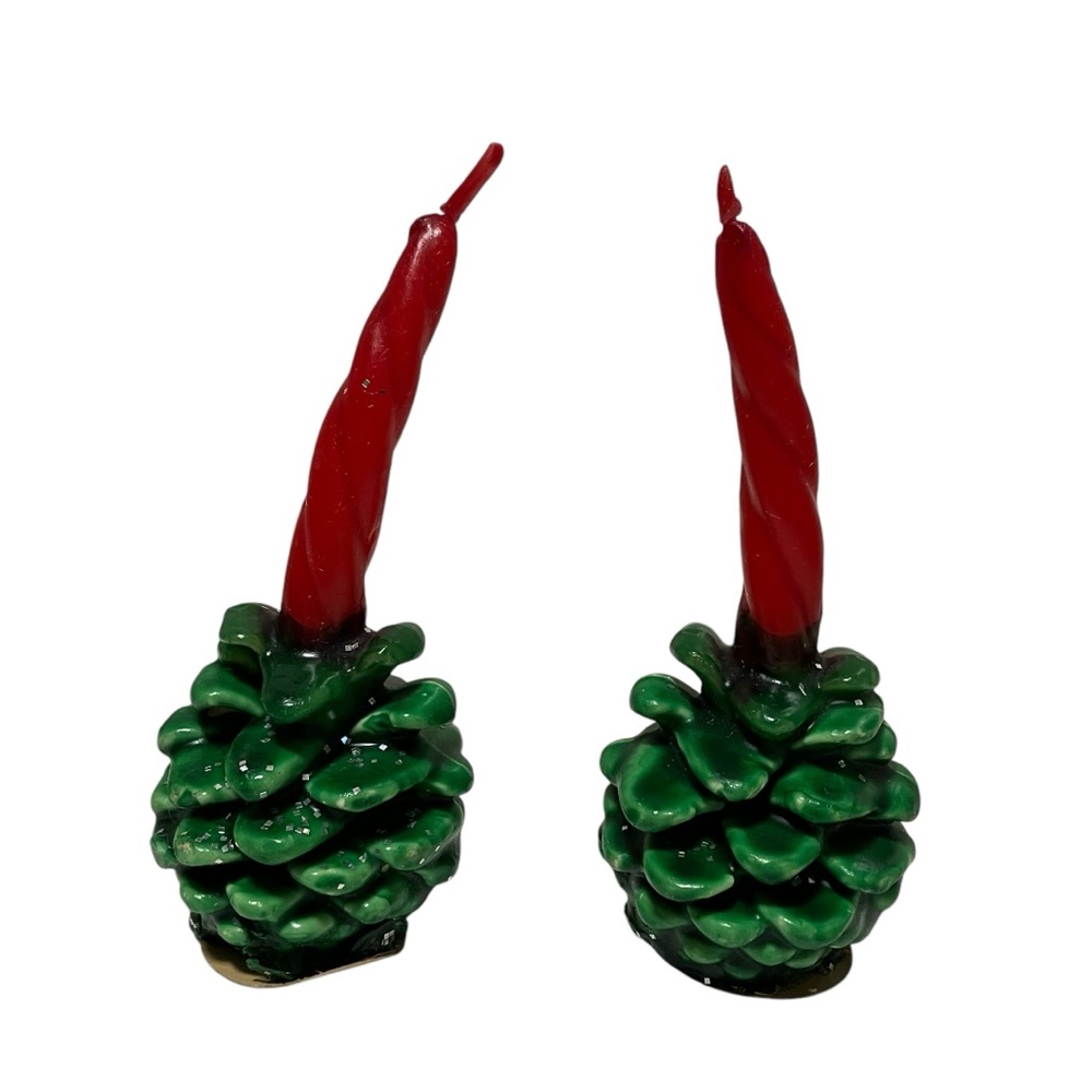 Vintage Gurley Green Pinecone Red Candle Christmas Candles Pair